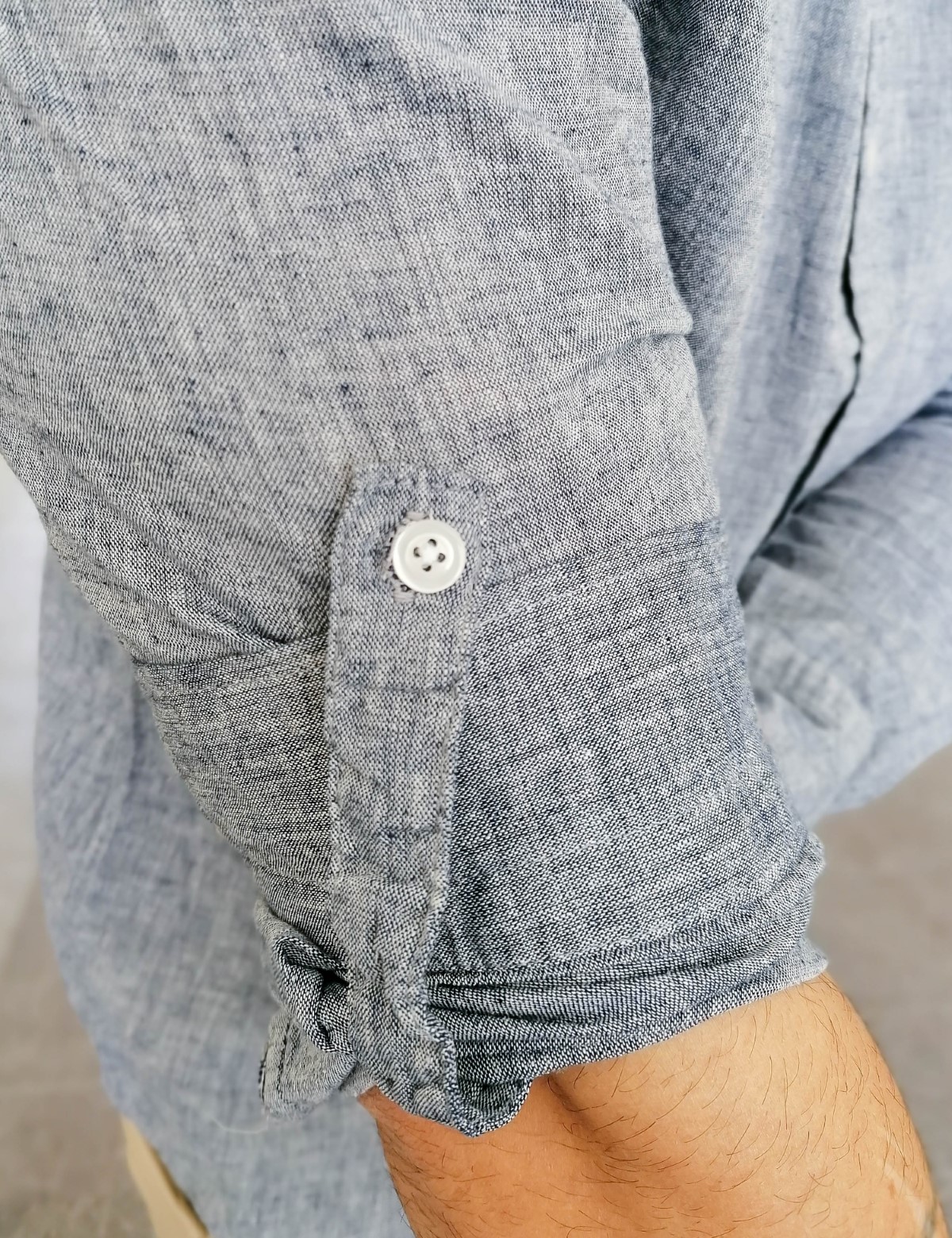 Ανδρικό μπλε λινό πουκάμισο με μάο γιακά 17038B φωτογραφία